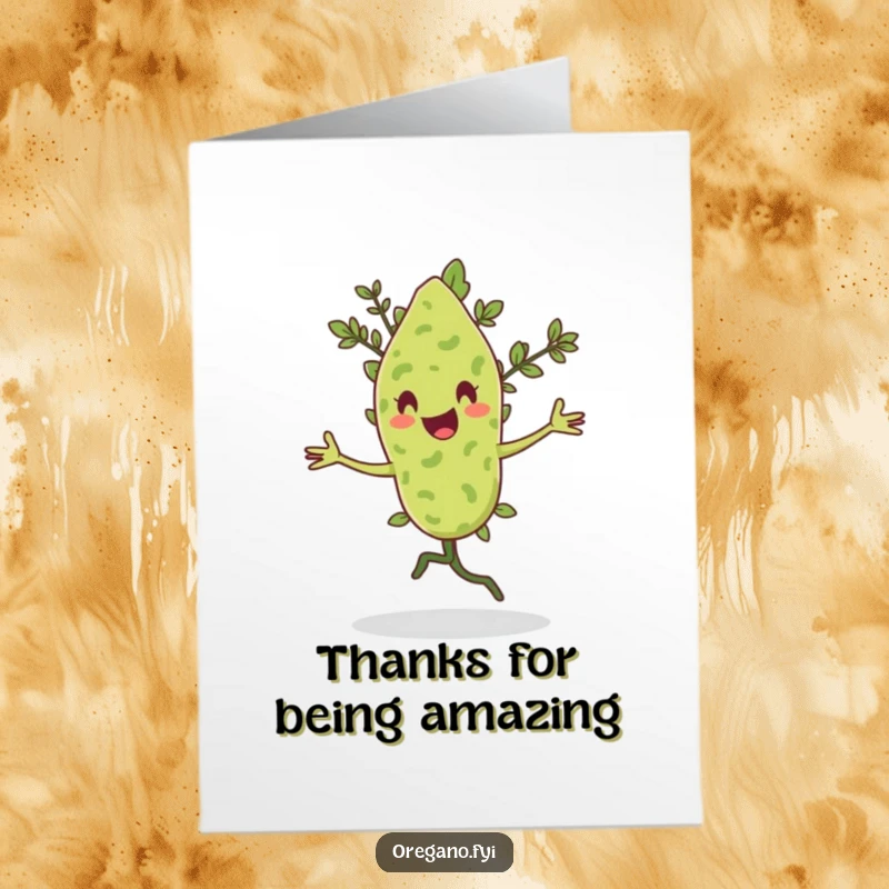 Funny Free Printable Thank You Card: Oregano leaf character doing a happy pirouette with a flourish, conveying thanks.