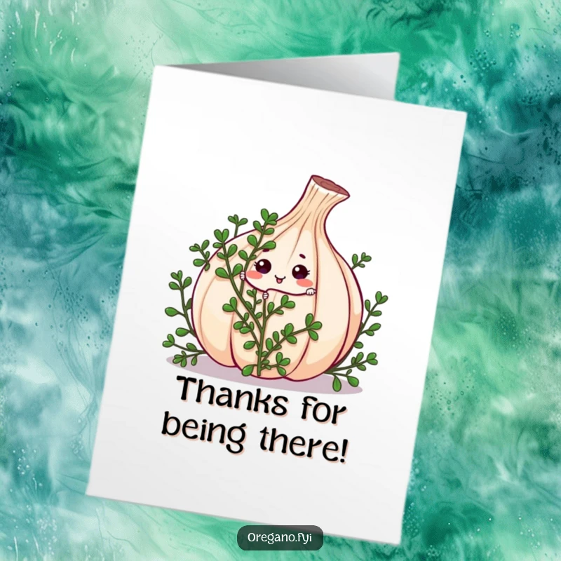 Funny Free Printable Thank You Card: Cute Kawaii oregano sprig hiding and peeking from a garlic clove.