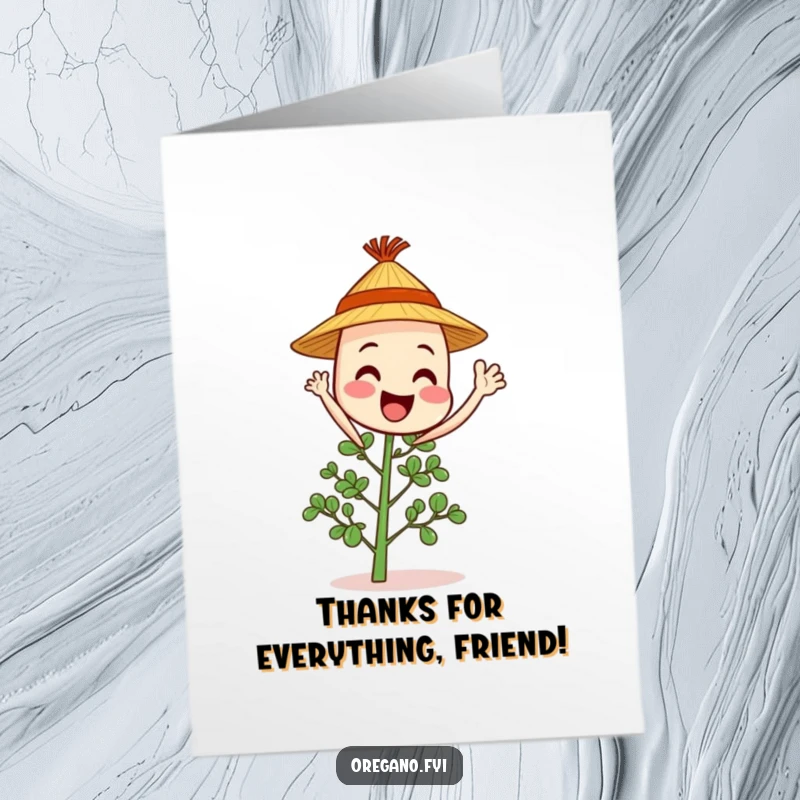 Funny free printable thank you card with a cheerful oregano sprig in a tiny straw hat waving hello, conveying friendly thanks.