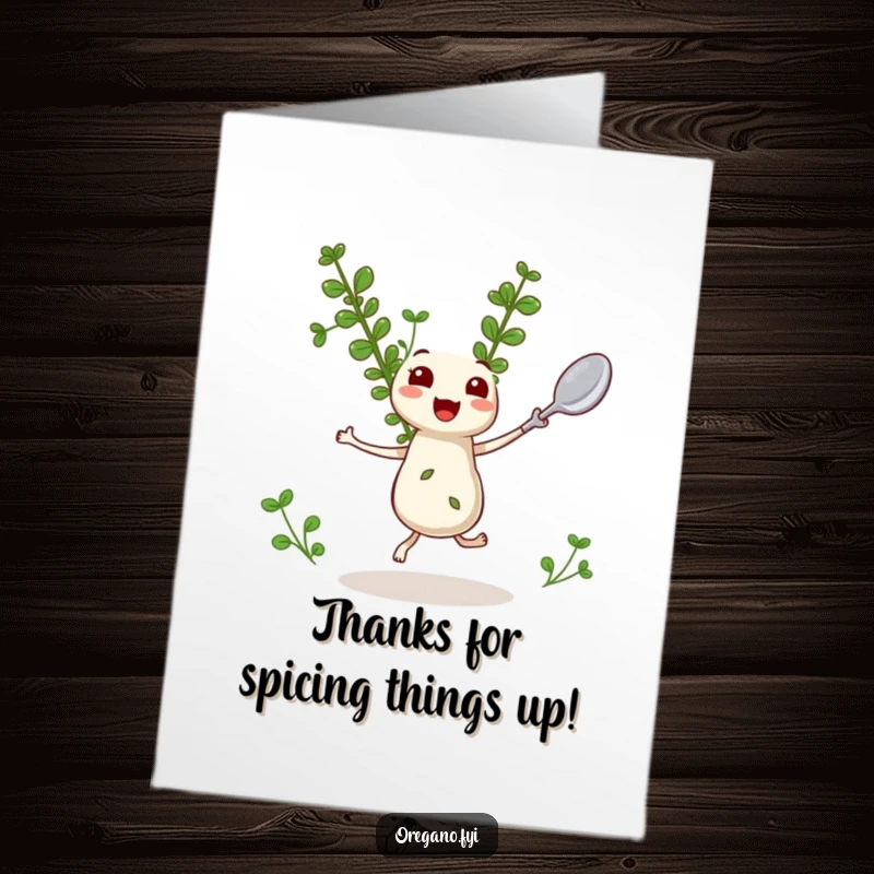 Funny Free Printable Thank You Card: A kawaii oregano sprig happily dances with a miniature spoon, offering heartfelt thanks.