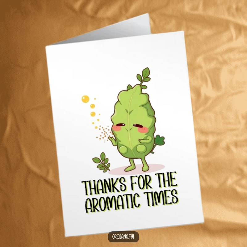 Funny Free Printable Thank You Card: Oregano character sneezing a thank you cloud of herbs.