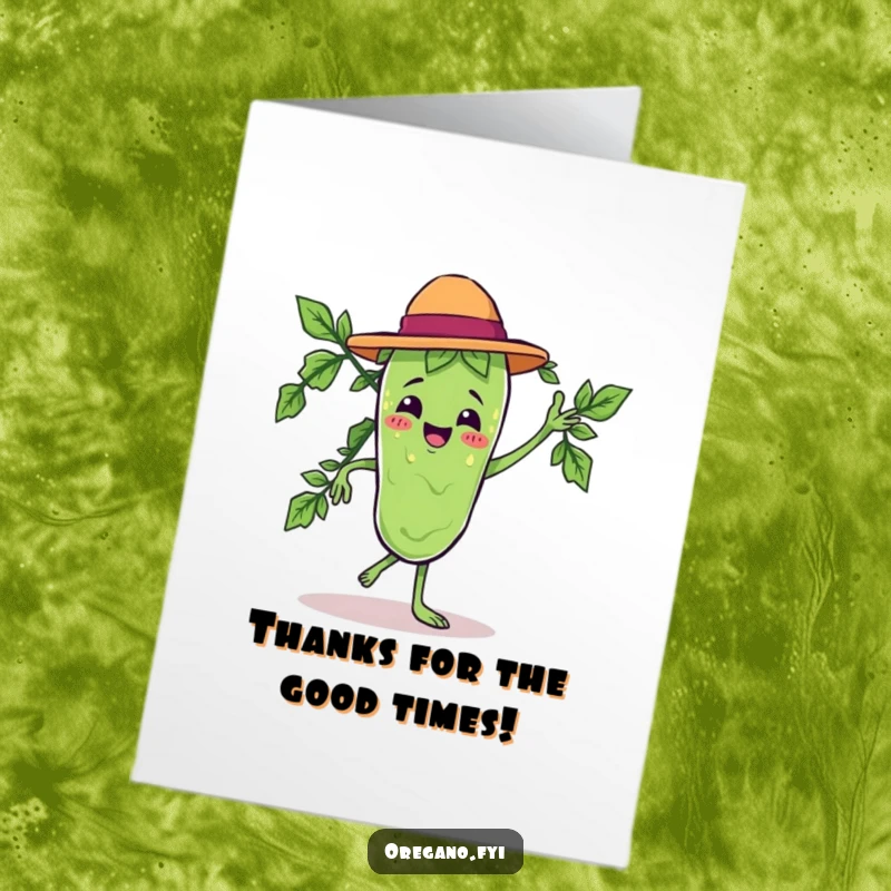 Funny Free Printable Thank You Card: A happy Kawaii oregano leaf character dancing salsa, expressing joyous thanks.