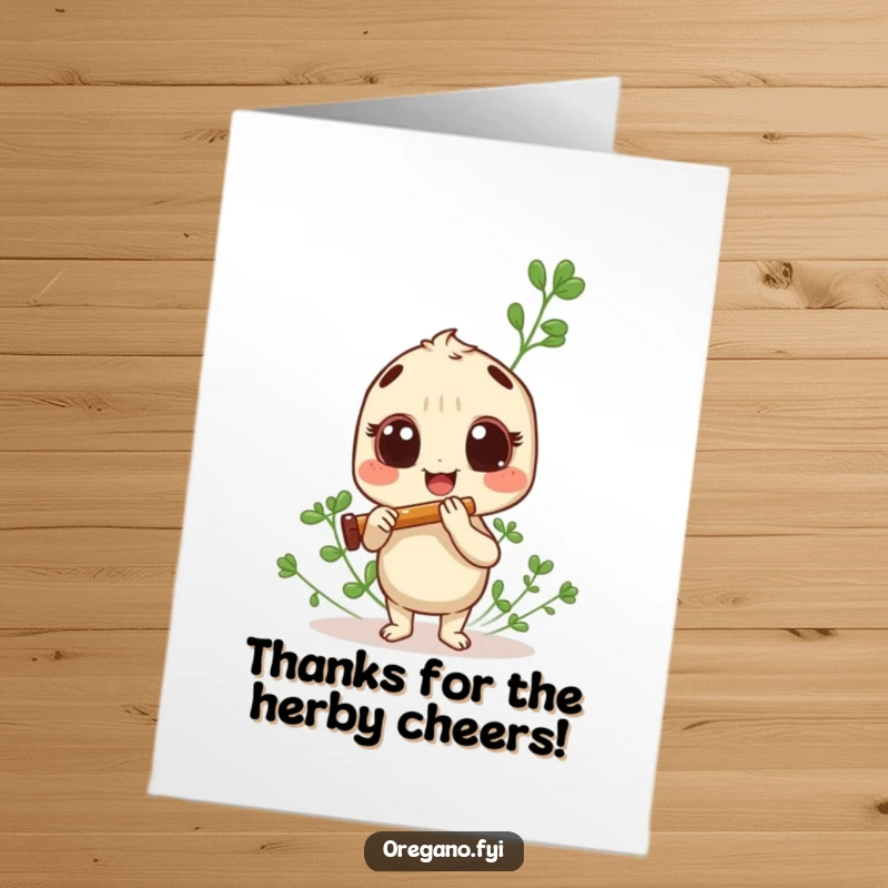 Funny Free Printable Thank You Card: Happy little Oregano Herb playing panpipes, offering a musical note of thanks.