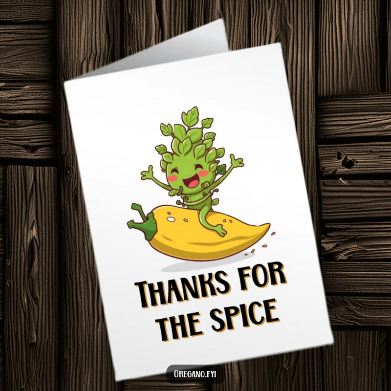 Funny Free Printable Thank You Card: An oregano leaf character joyfully speeds on a rolling pepper flake, a downloadable gift.