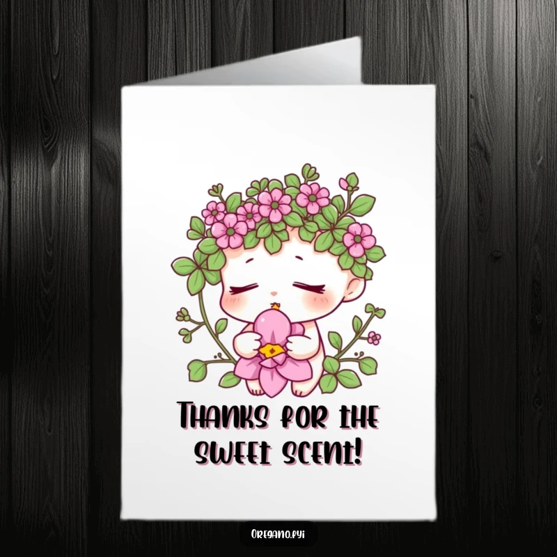 Funny Free Printable Thank You Card: An oregano character with eyes closed, savoring the aroma of a flower, conveying peaceful thanks.