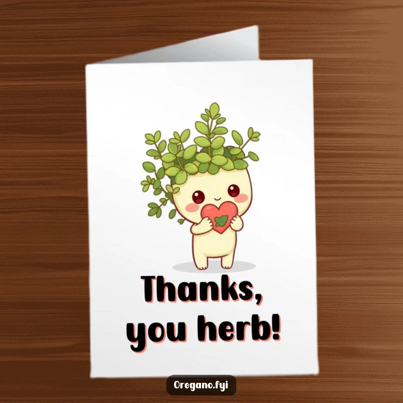 Funny Free Printable Thank You Card: Kawaii oregano sprig offers a small heart made from its own leaves.