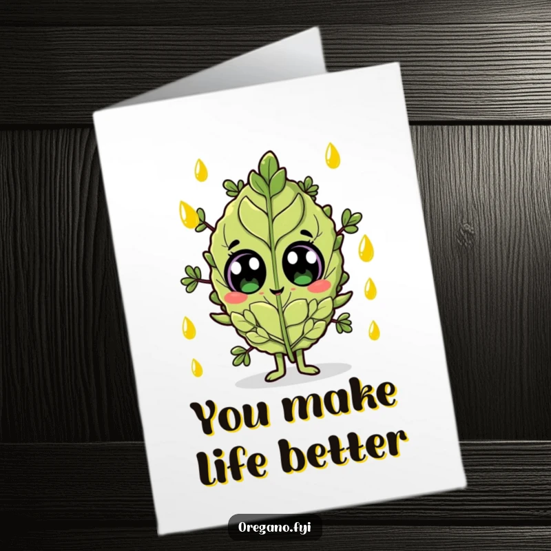 Funny Free Printable Thank You Card: Oregano leaf character looking surprised by olive oil droplets, conveying thanks.