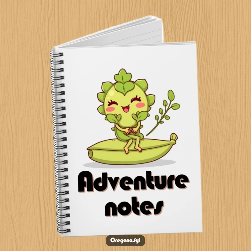 Funny notebook with a winking oregano leaf character riding a rolling bay leaf, ideal for jotting culinary notes.