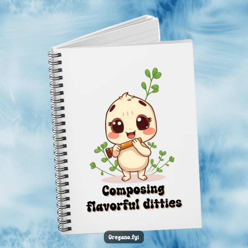 Funny oregano sprig notebook, playing a tiny panpipe, inspiring musical thoughts and notes.