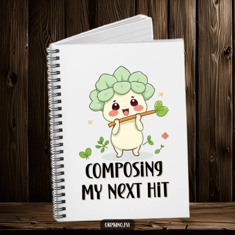 Funny kawaii oregano character playing a leaf flute on a notebook cover, inspiring creative and humorous writing.