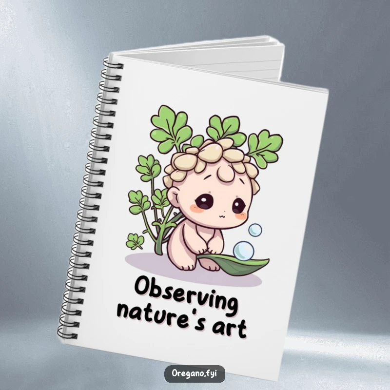 Funny Oregano notebook, a curious herb character examining a dewdrop, ideal for journaling thoughts and observations. A reflective stationery gift.