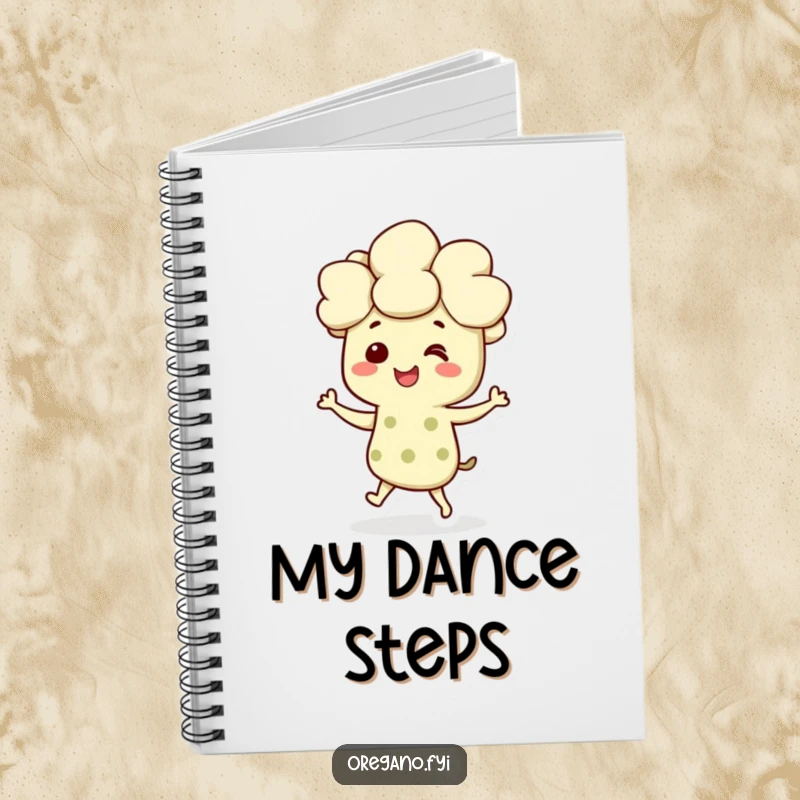 Funny notebook with a smiling oregano character dancing joyfully, perfect for taking notes with herbaceous charm.