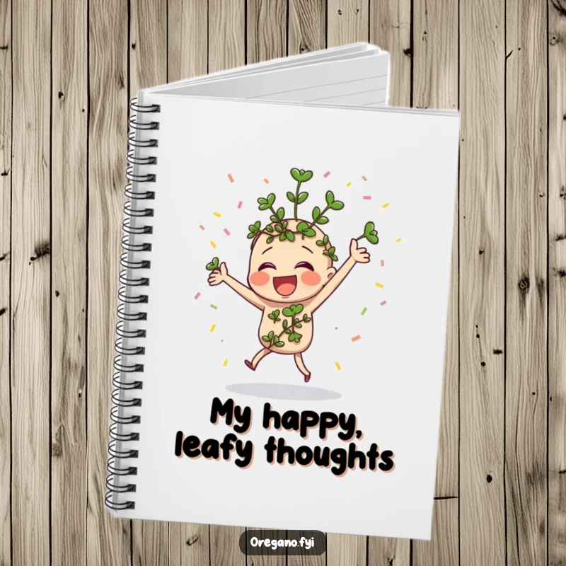 Funny oregano sprig dancing with confetti on a notebook cover for jotting down party ideas.