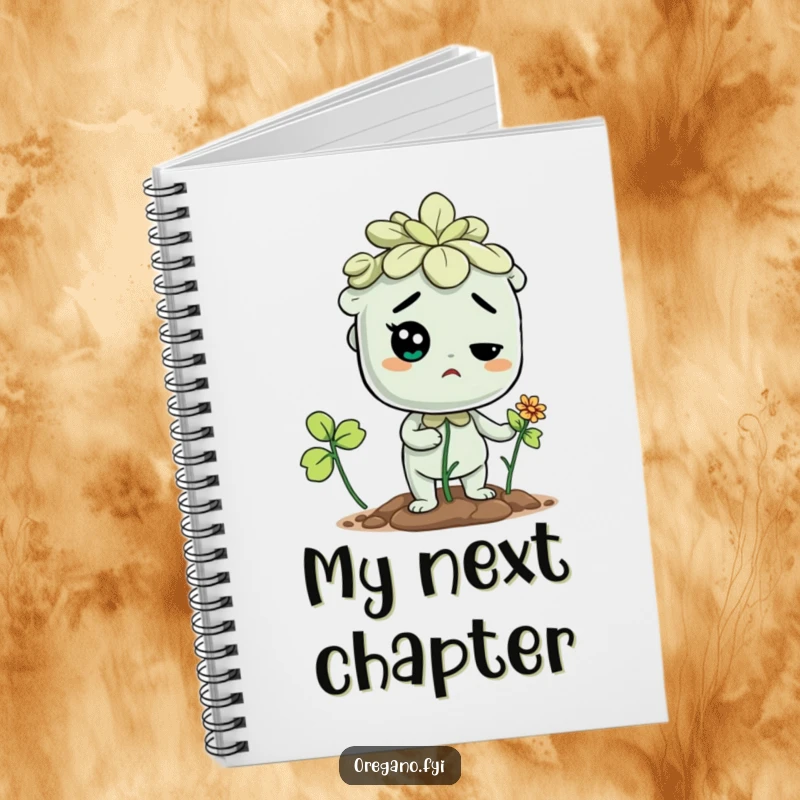Funny notebook with a determined oregano character focused on sprouting a flower, perfect for goal-oriented writing.