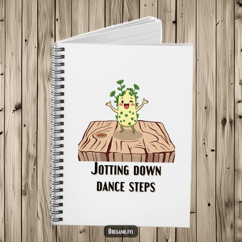 Funny notebook: A cheerful oregano character performs a lively jig on a rustic wooden surface, great for notes.