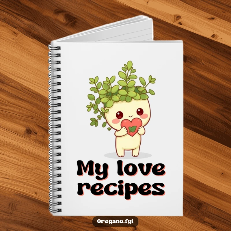 Funny Kawaii oregano sprig character holding a small heart made of leaves, lined notebook with natural and loving theme, perfect for writing.