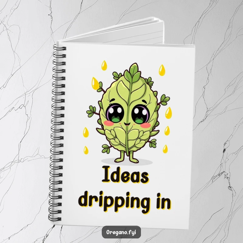 Funny notebook with a wide-eyed oregano leaf character being showered by olive oil droplets.