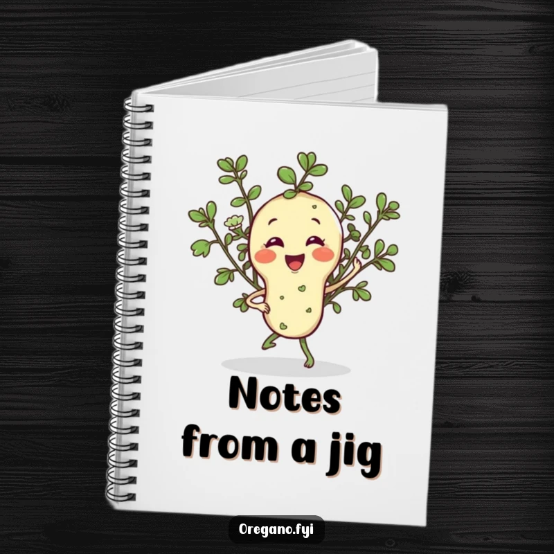Funny notebook featuring a smiling oregano sprig character doing a lively jig, ideal for recipe writing, journaling, and adding herbal cheer.