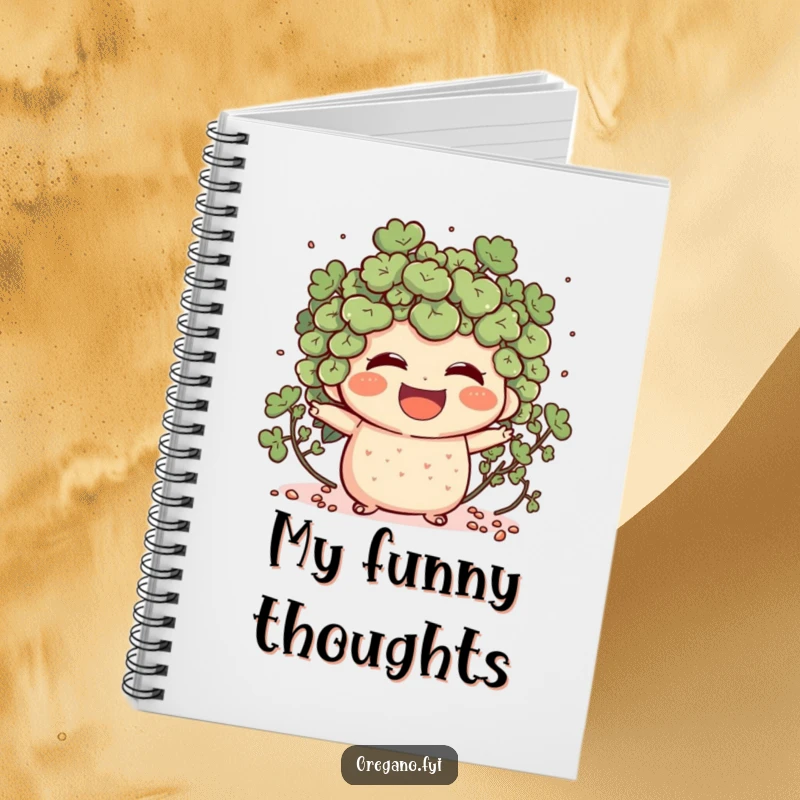 Funny notebook cover with an oregano character laughing heartily, scattering tiny specks, perfect for journaling joy.
