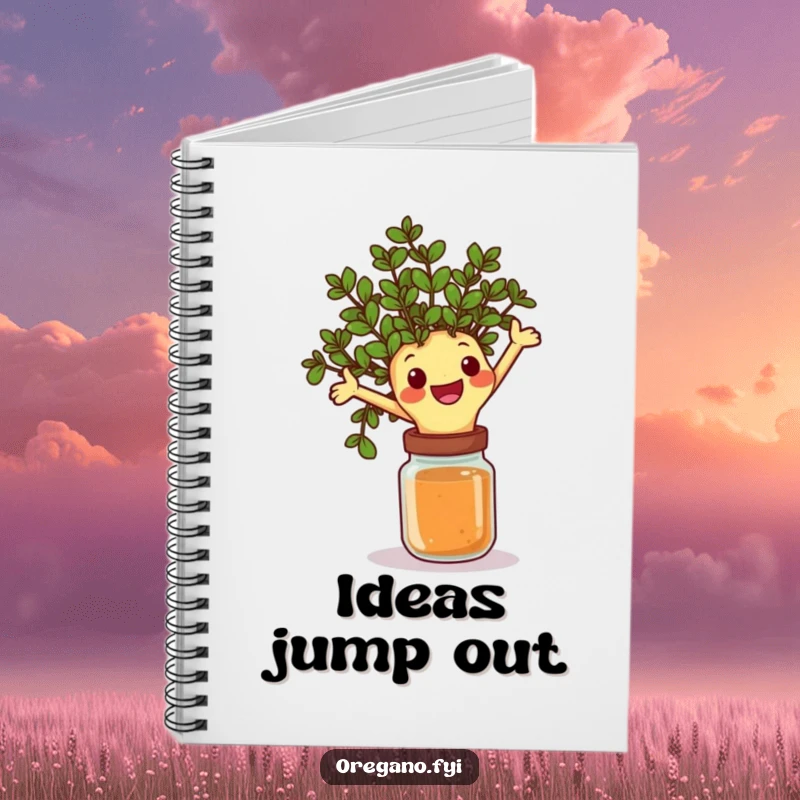 Funny notebook featuring a happy oregano sprig character joyfully leaping over a spice jar, ideal for jotting notes with herbal energy.