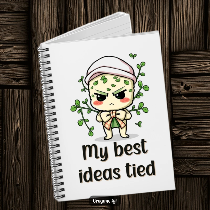 Funny notebook with a determined oregano character comically trying to tie a culinary bow, ideal for jotting notes with humor.