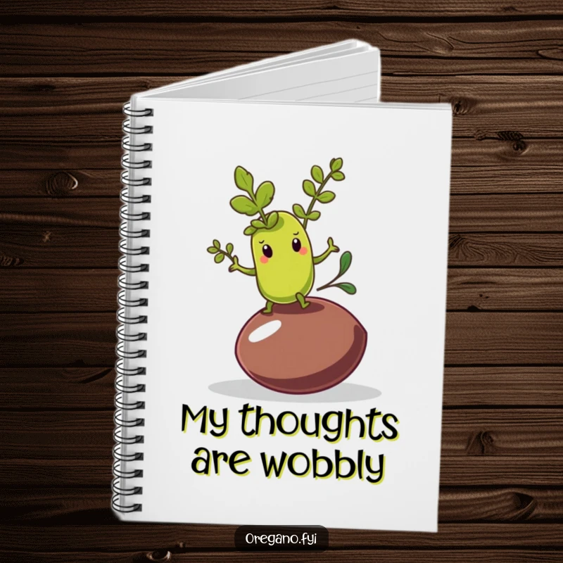 Funny notebook cover featuring an oregano leaf character attempting to balance on a wobbly olive pit.