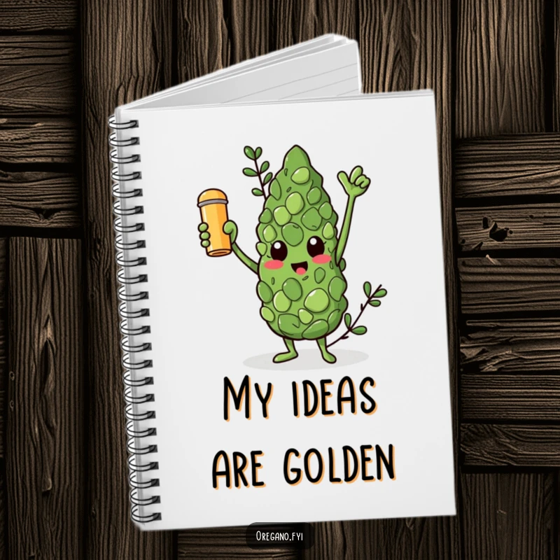 Funny notebook cover featuring a triumphant oregano leaf character holding a golden spice shaker aloft.
