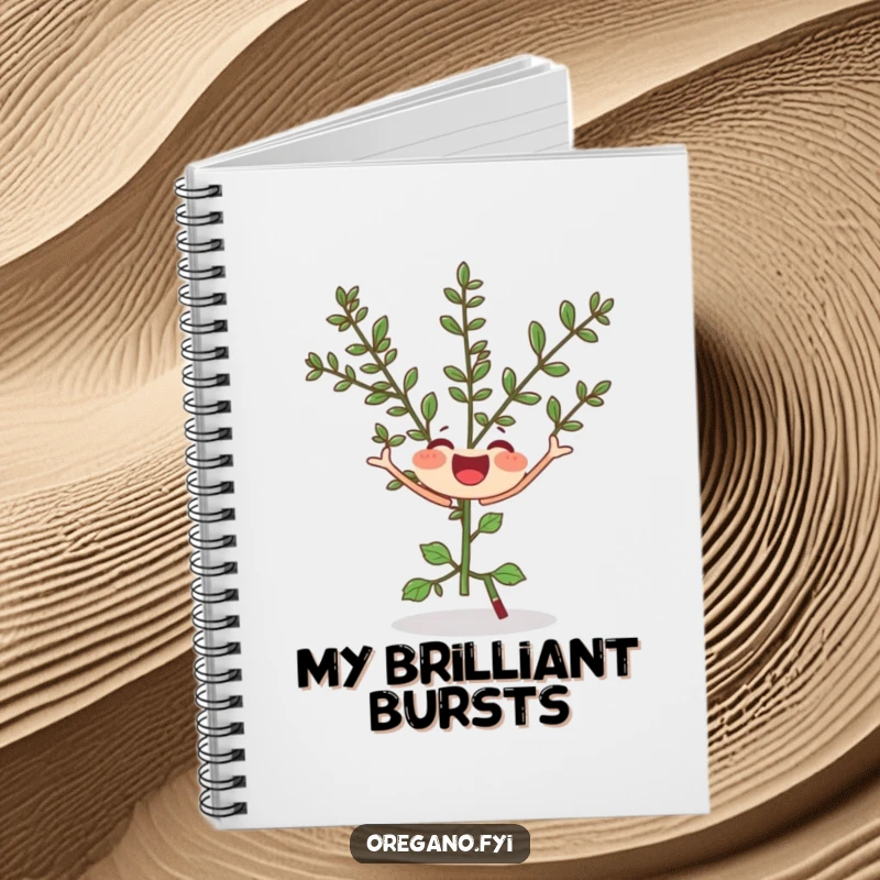 Funny notebook featuring a joyful oregano sprig doing a silly twirl, a charming and humorous stationery item.