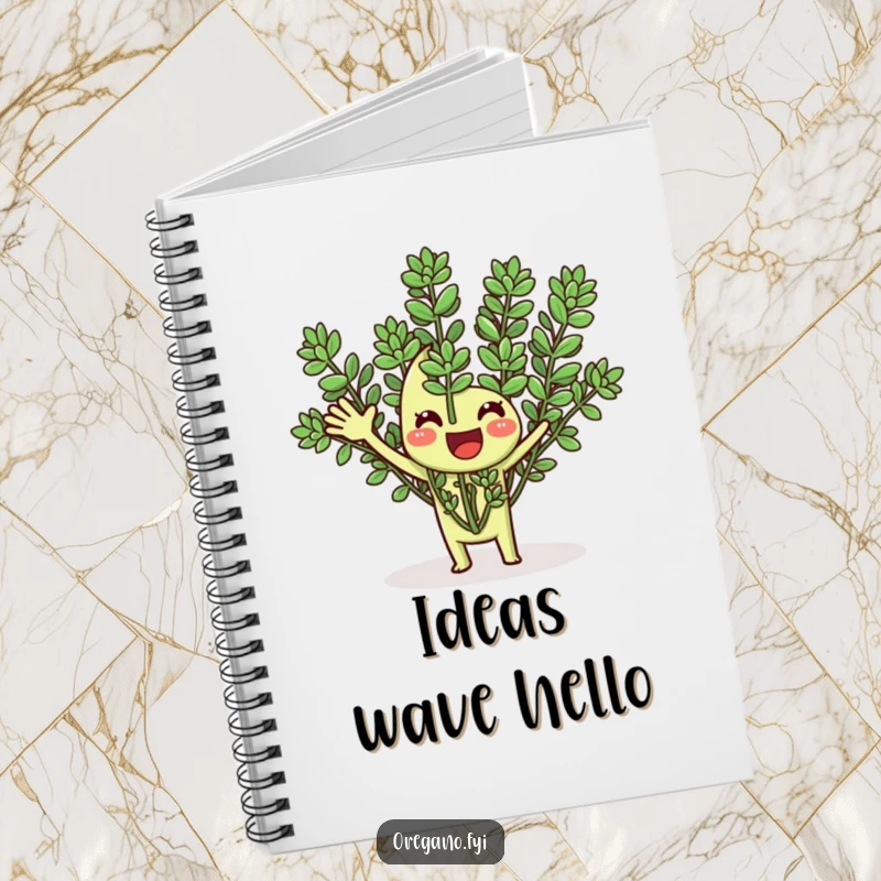 Funny notebook cover featuring a smiling oregano herb enthusiastically waving its fronds, perfect for capturing ideas.