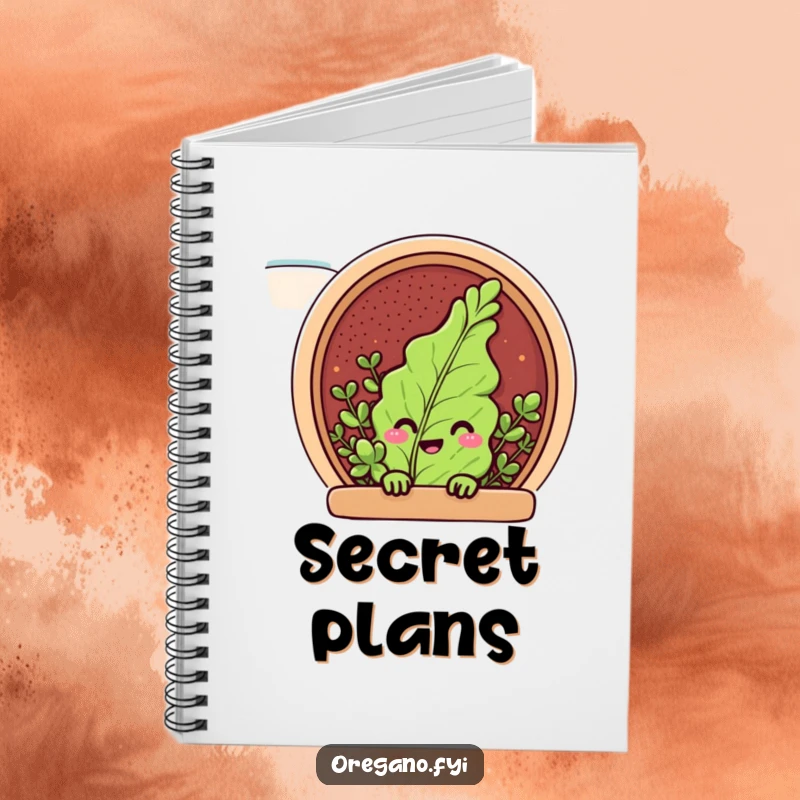 Funny notebook with a peeking oregano leaf character in a spice rack, ideal for jotting down notes with a playful touch.