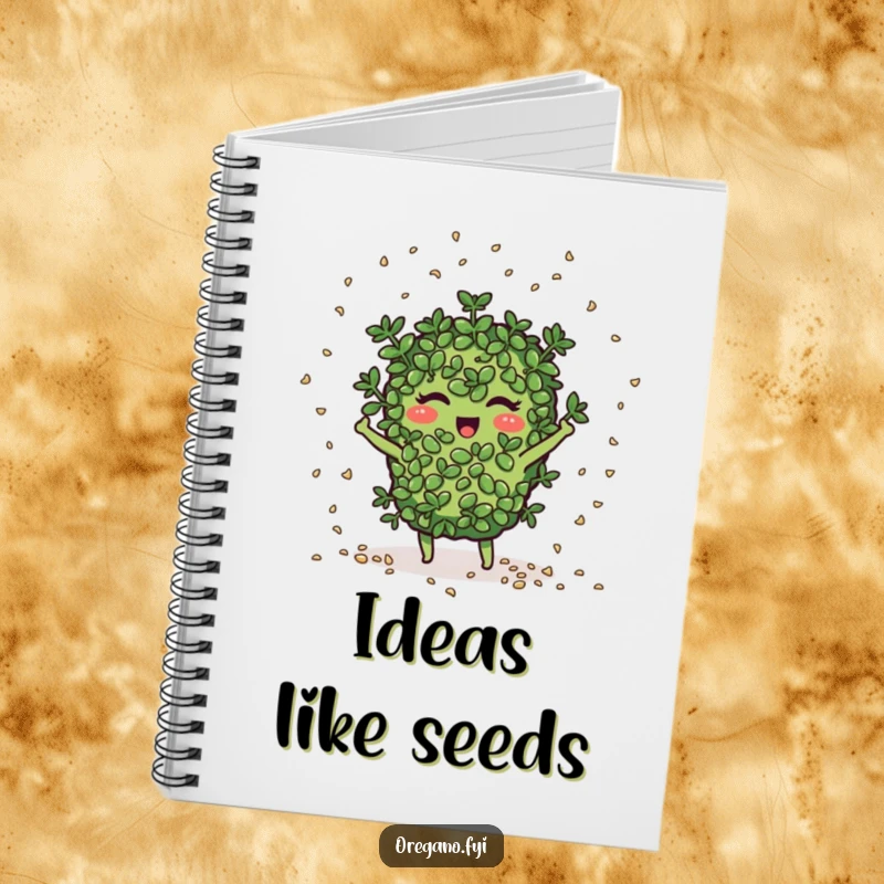 Funny oregano character joyfully scatters seeds like confetti, ready to jot down gardening ideas humorously.