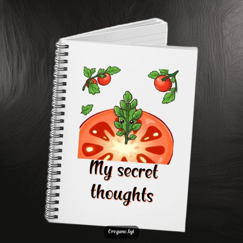 Funny notebook featuring a shy oregano leaf character peeking from behind a large tomato slice, ideal for journaling.