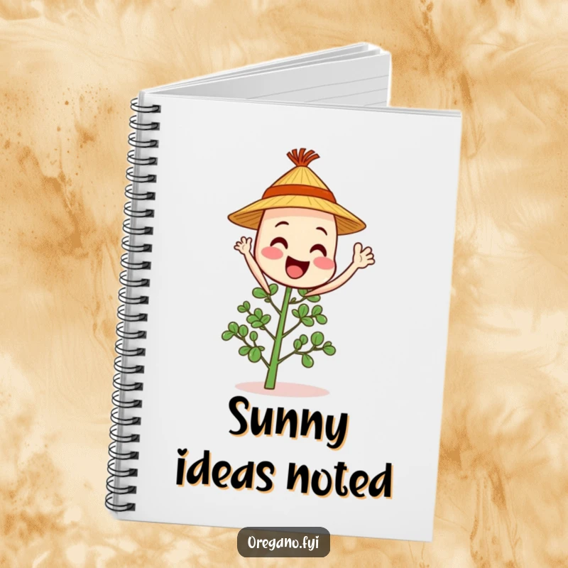 Cheerful oregano sprig character in a straw hat waves hello, ready to jot down friendly ideas humorously.