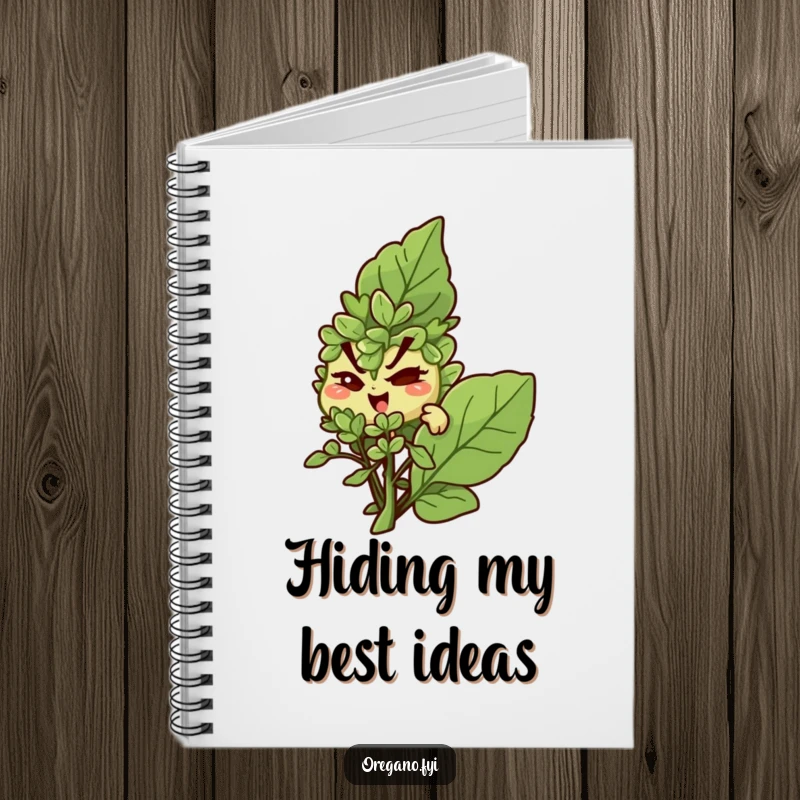 Funny notebook: A mischievous oregano character winks from behind a basil leaf, perfect for jotting secrets.