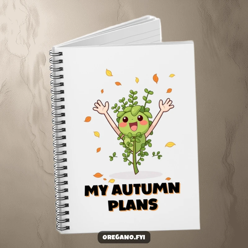 Funny notebook with an excited oregano sprig catching leaves, perfect for jotting down autumn ideas and inspirations.