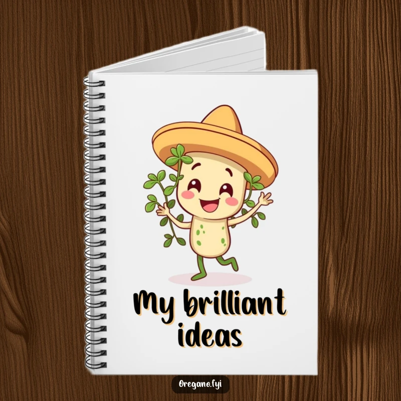 Funny notebook showing a smiling oregano sprig in a sombrero, dancing with artistic flair and sparking creative thoughts.