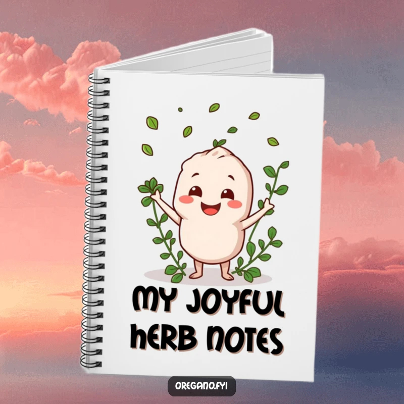 Funny oregano character smiling and tossing leaves on a notebook cover for jotting happy thoughts.