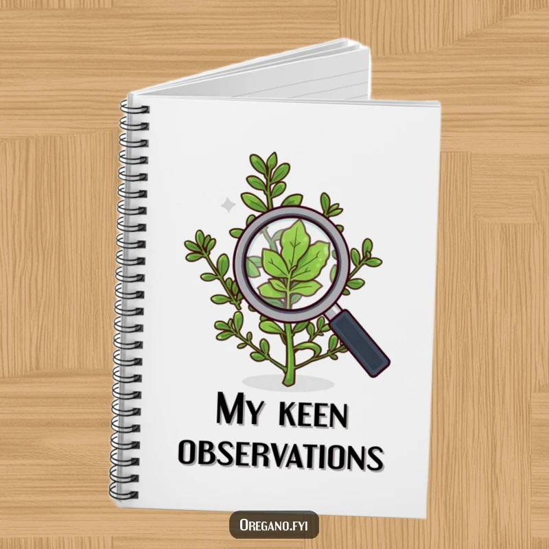 Funny notebook with an oregano sprig using a magnifying glass to inspect a leaf, ideal for detailed notes.