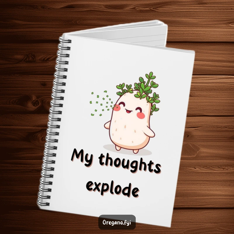 Funny notebook cover with a cheerful oregano herb releasing a vibrant stream of tiny green confetti, perfect for capturing ideas.