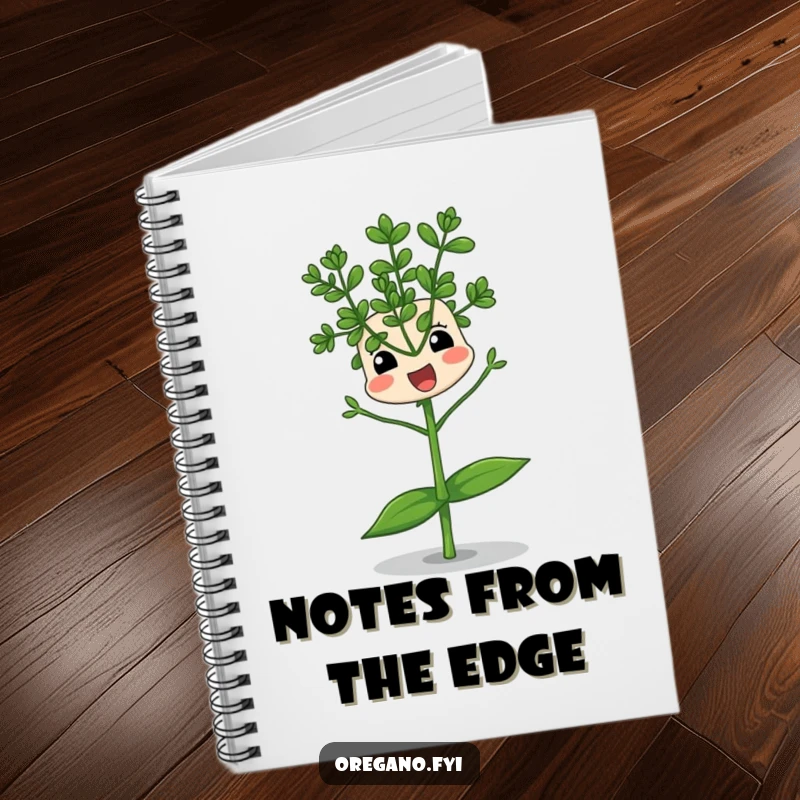Funny notebook featuring an oregano sprig character comically balancing on a single leaf, ideal for jotting notes with a touch of precarious humor.