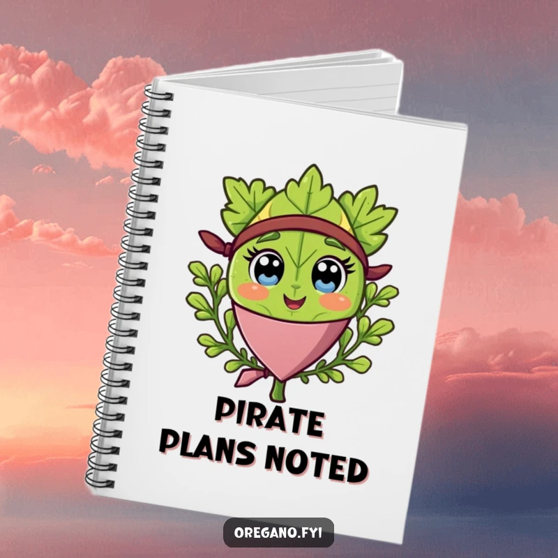 Funny notebook with a happy oregano leaf character wearing a pirate bandana, for adventurous notes.