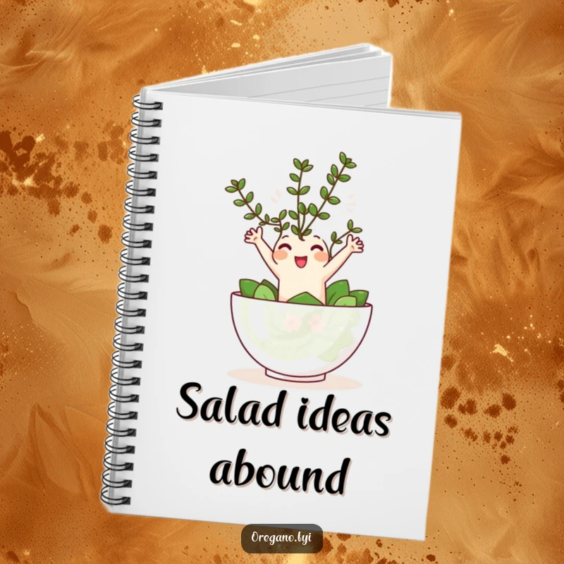 Funny Kawaii oregano sprig character joyfully leaping into a tiny salad bowl, a charming and humorous notebook.