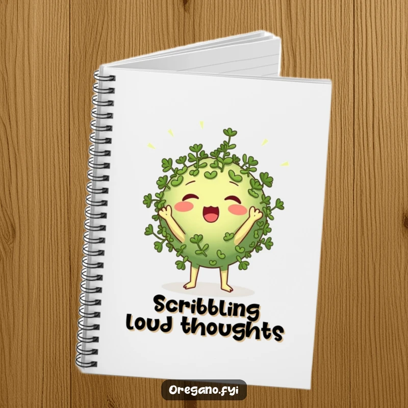 Funny round oregano character notebook cheering loudly with tiny leaf-like pom-poms, ideal for notes and sketches, a humorous item for creatives.