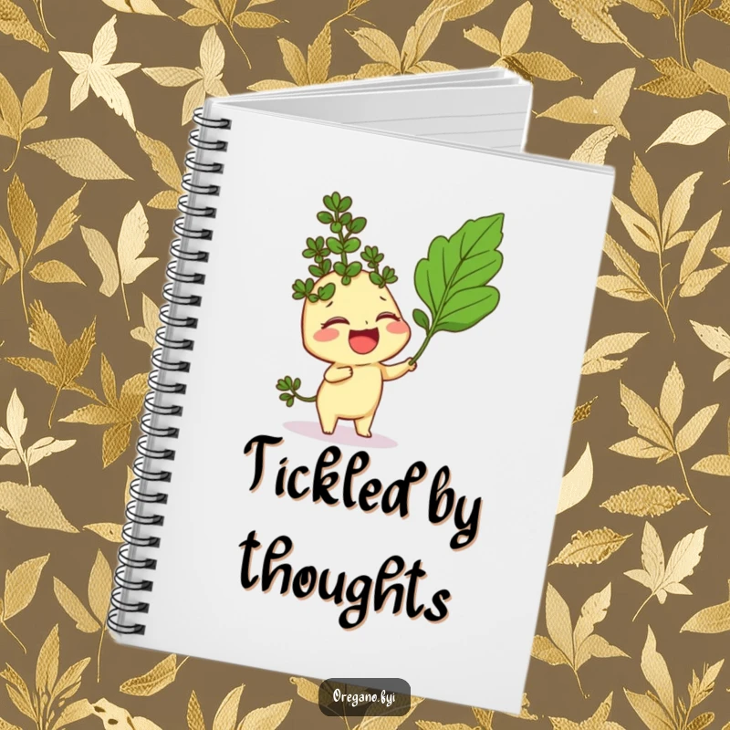 Funny notebook with a giggling oregano sprig character being playfully tickled by a curry leaf, ideal for humorous journaling.