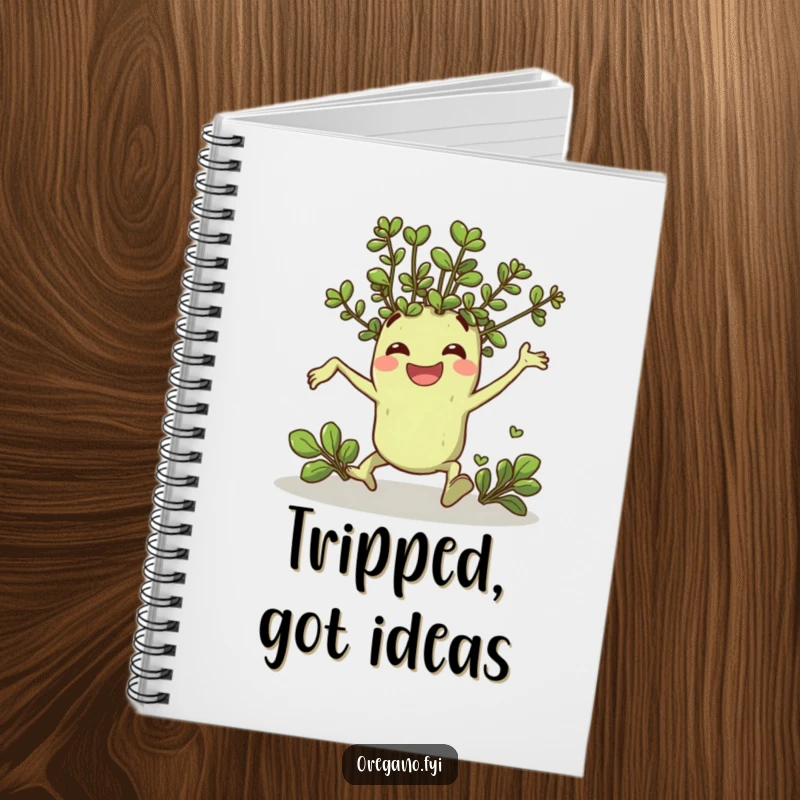 Funny notebook with a cheerful oregano sprig character comically tripping and landing with a smile, great for notes and jokes.