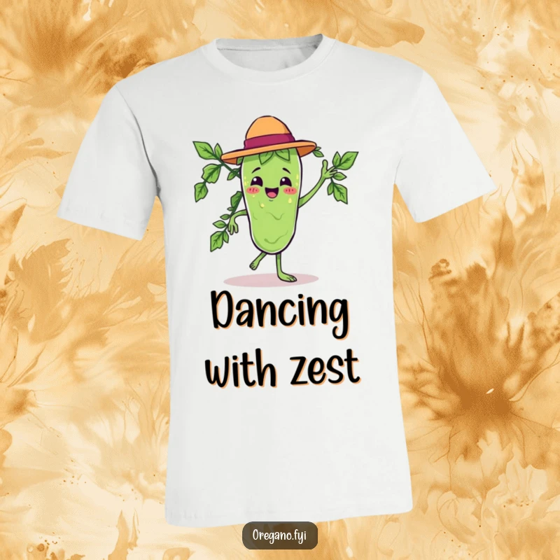 Funny t-shirt depicting a Kawaii oregano leaf character joyfully and dramatically performing a salsa dance.