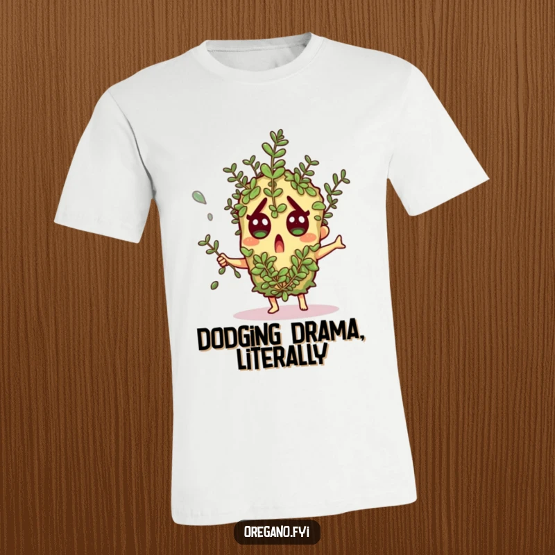 Funny t-shirt: An oregano character dramatically dodges a falling herb sprig, eyes wide with comical surprise and panic.