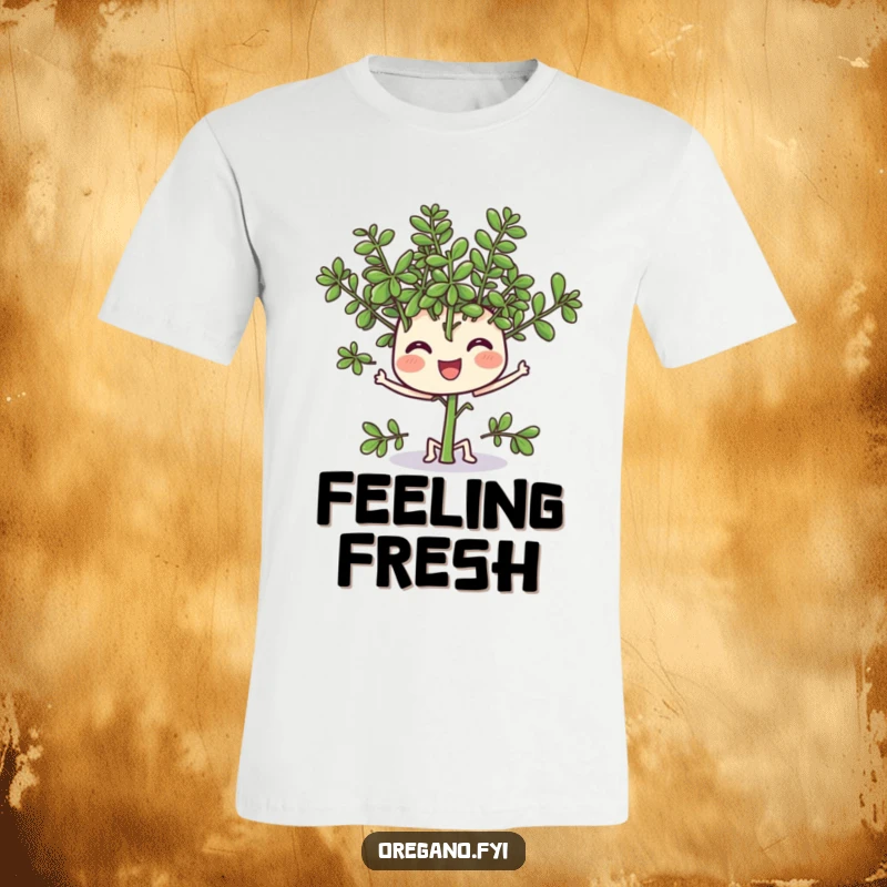 Funny T-Shirt with a cheerful oregano character wiggling its leaves enthusiastically, spreading joy and herbaceous charm.