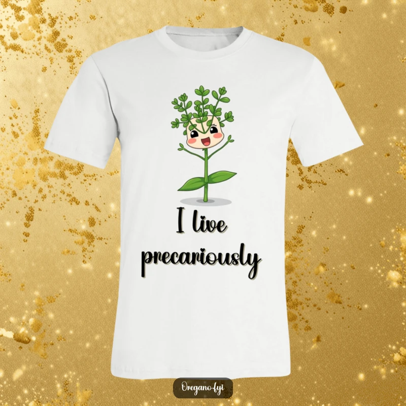 Funny t-shirt featuring an oregano sprig character comically attempting to balance on a single leaf, embodying humorous struggle and determination.
