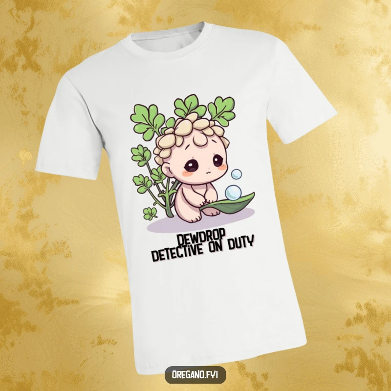 Funny Oregano t-shirt, a curious herb character inspecting a glistening dewdrop on a leaf, highlighting micro-level observation and humor. A nature lover's gift.